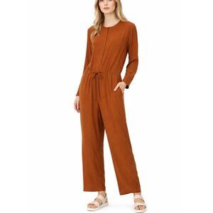Eileen Fisher 100% Silk Button Front Jumpsuit L Wide Leg Waist Tie